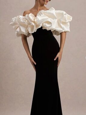 Elegant One-Shoulder Black Dress with Ivory Ruffle